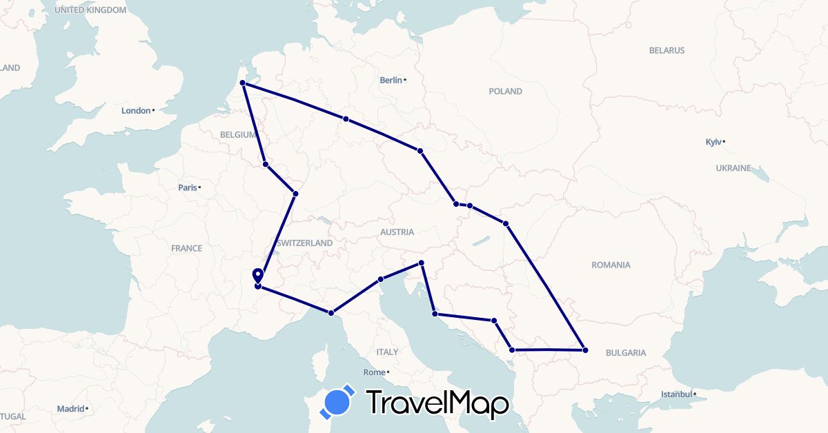 TravelMap itinerary: driving in Austria, Bosnia and Herzegovina, Bulgaria, Czech Republic, Germany, France, Croatia, Hungary, Italy, Luxembourg, Montenegro, Netherlands, Slovenia, Slovakia (Europe)